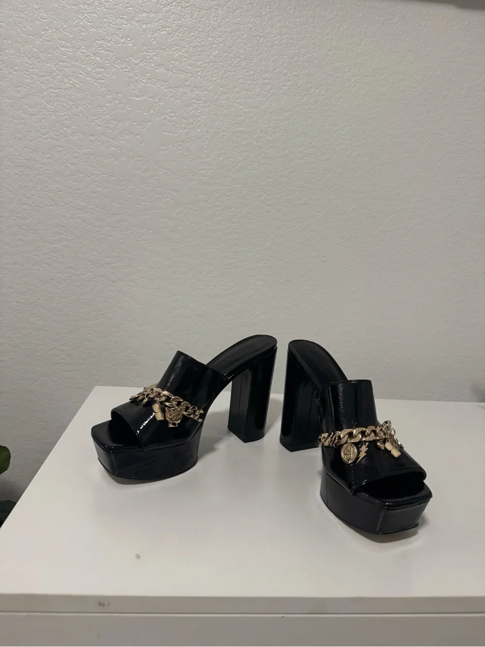 Karl Lagerfeld Black Patent Platform Mules with Gold Chain Charms